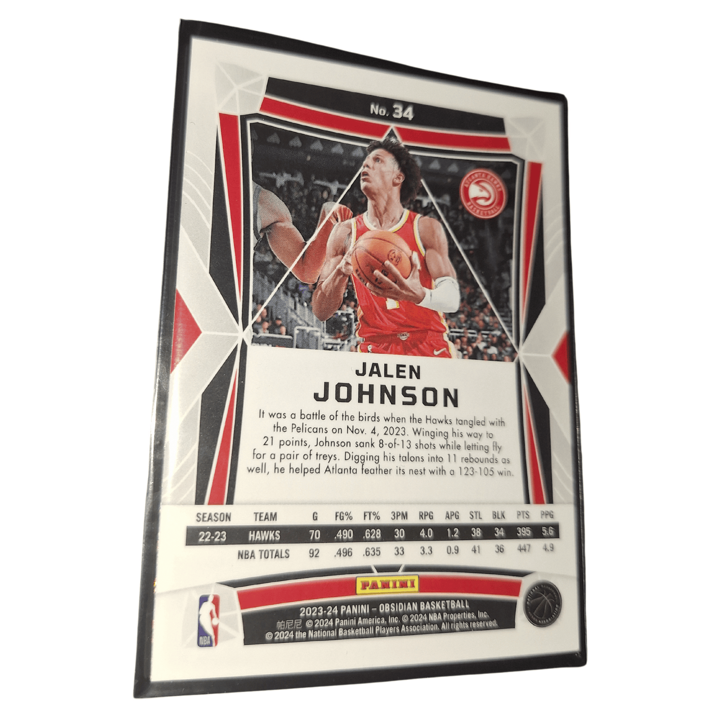 2023-24 Panini Obsidian NBA Jalen Johnson #34 Electric Etch Holo Atlanta Hawks Basketball Card