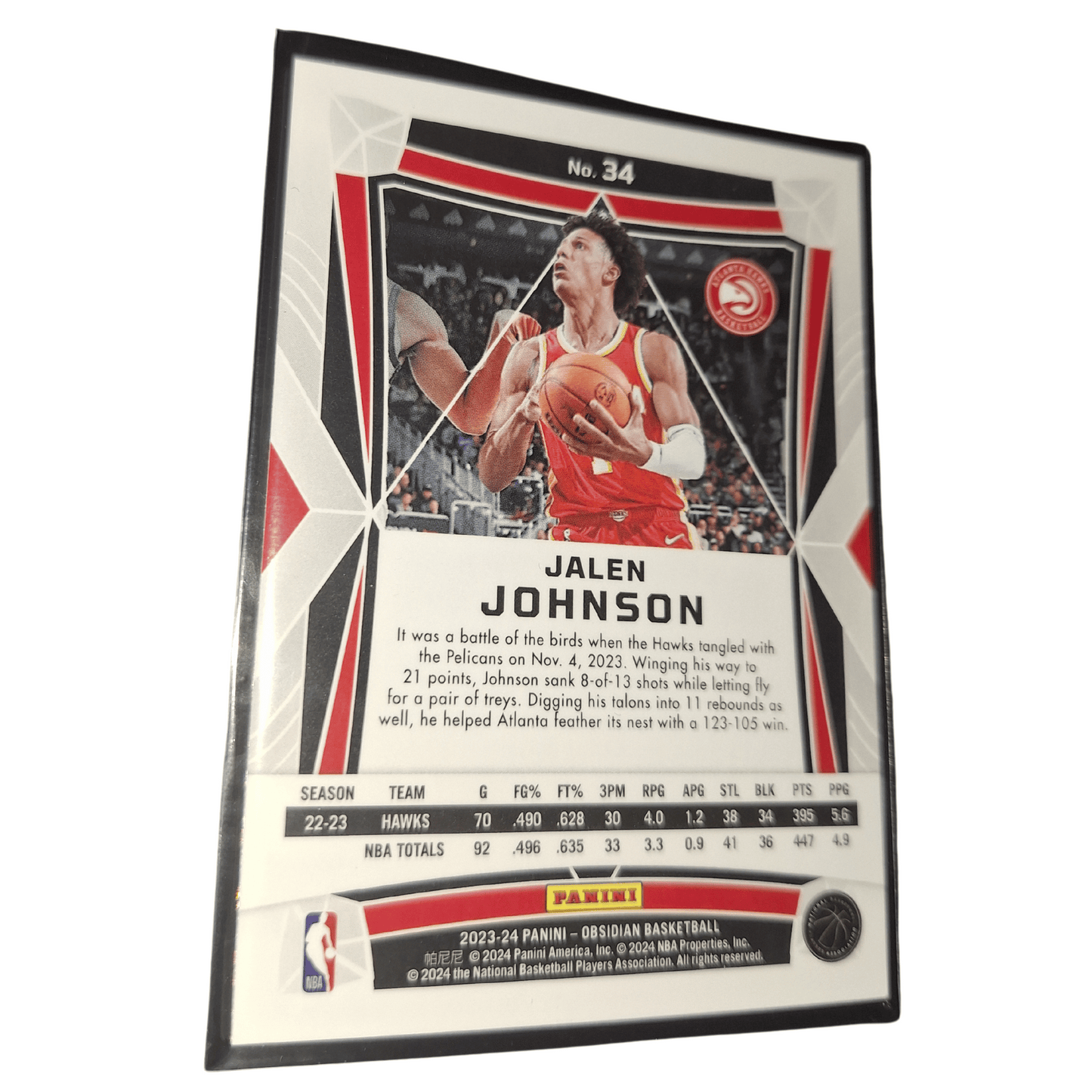 2023-24 Panini Obsidian NBA Jalen Johnson #34 Electric Etch Holo Atlanta Hawks Basketball Card